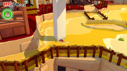 Mario standing near a 10-Coin and a 100-Coin in Autumn Mountain of The Origami King.