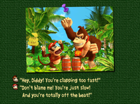 A scene of Donkey Konga 2's opening story where Donkey Kong and Diddy argue over each other's performance.