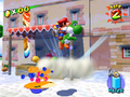 Mario and a Green Yoshi stomp on a Strollin' Stu, which is not in Isle Delfino in the final release. The water meter is displayed instead of the juice meter. The effect for the crushed Stu is also different.