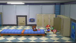 Mario getting a Life Mushroom from a locker in Glitz Pit of Paper Mario: The Thousand-Year Door for Nintendo Switch.