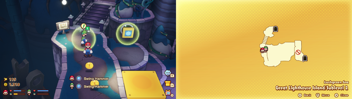 Mario and Luigi near 12 Coins on Great Lighthouse Island of the Lushgreen Sea of Mario & Luigi: Brothership.