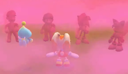 Cream and Cheese are surrounded by imposters of Mario, Luigi, Sonic, and Tails