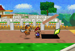 Mario finding a Star Piece under a hidden panel near the railroad in Toad Town in Paper Mario