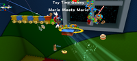 Mario near an inaccessible train in the Toy Time Galaxy