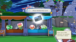 Mario being given the Silver Membership Card by item shop shopkeeper in Shangri-Spa of The Origami King.