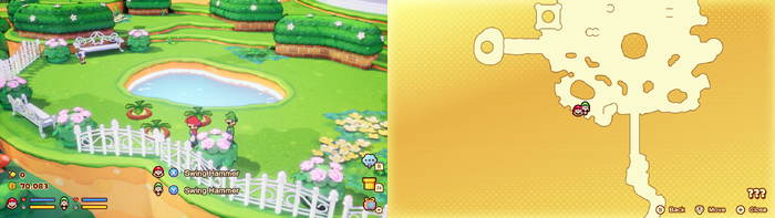 Mario and Luigi near 3 Plug Radishes containing 15 Coins in the illusionary Mushroom Kingdom area of Soli-Tree of Mario & Luigi: Brothership.