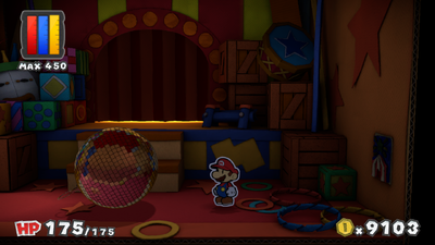 Mario near the Disco Ball Thing in The Emerald Circus of Paper Mario: Color Splash.