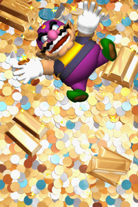 Thief Wario on a pile of treasure