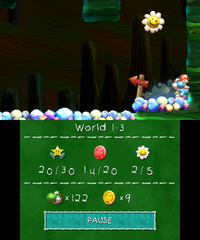 Smiley Flower 3: In an area accessed via a pipe just after the previous area. Here, Light-Blue Yoshi must be navigated through a series of Nipper Spores and missile-dropping Item Balloons and reach a dead end, where he can reveal a hidden Winged Cloud by tossing an egg into a trail of coins that reflects off the wall. He must then hit the cloud to reveal the Smiley Flower.