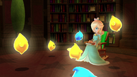 A screenshot of Rosalina in her library, from Super Mario Galaxy + Super Mario Galaxy 2