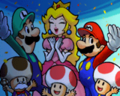 Mario, Luigi, Peach, Toadsworth and two Toads celebrating.