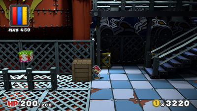 Mario near a crate containing Huge Hammer Battle Card in Black Bowser's Castle of Paper Mario: Color Splash after the other 6 were destroyed.