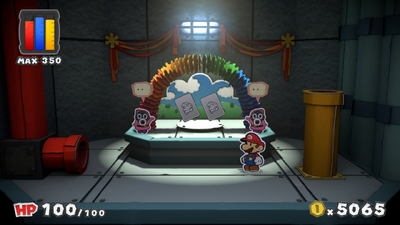Mario near 2 colorless Pink Snifit Battle Cards in Cobalt Base of Paper Mario: Color Splash.