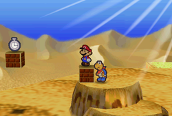 Mario finding Stop Watch in the scene E6 of Dry Dry Desert of Paper Mario.