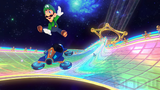 Luigi driving on Wii Rainbow Road