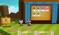 Screenshot of the sticker shop in Whammino Mountain, from Paper Mario: Sticker Star