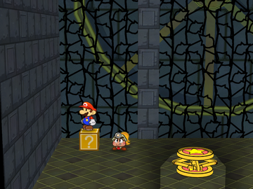 Screenshot of Mario at a hidden ? Block location in the Palace of Shadow, in Paper Mario: The Thousand-Year Door.