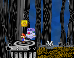 Mario next to the Shine Sprite in the airplane room of the Great Tree.