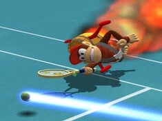 Diddy Kong using his Barrel Jet Defensive Power Shot from Mario Power Tennis