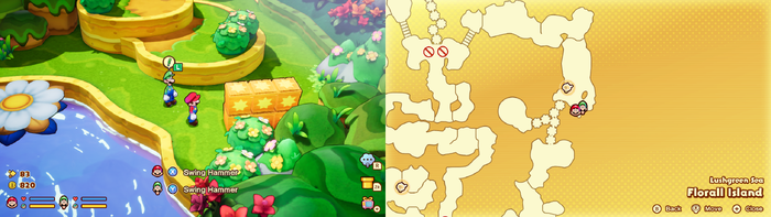 Mario and Luigi near wooden crates containing 2 Coins and a Mushroom on Florall Island of Mario & Luigi: Brothership.