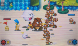 A screenshot of the Minion Quest: The Search for Bowser level, "A Gaggle of Goombas".