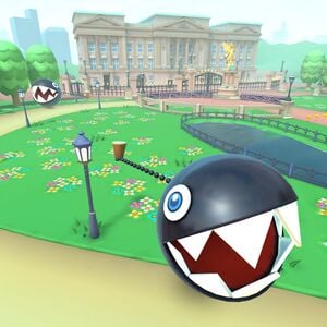 View of Chain Chomps on London Loop 2 in Mario Kart Tour