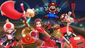 Toad (Party Time), Fire Rosalina, Pauline (Rose), Mario (SNES), and Waluigi (Bus Driver) tricking on the course