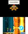 Bowser jumping in pain after the exposed nerve of the Funny Bone was struck by Mario's hammer in the Nintendo 3DS remake.