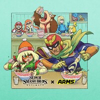 Promotional group art drawn by the ARMS development team, featuring Min Min, Captain Falcon, Mario, and Donkey Kong among others