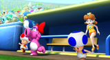 Birdo, Daisy, Red Toad, Blue Toad, and Birdo run towards the field after the final out.