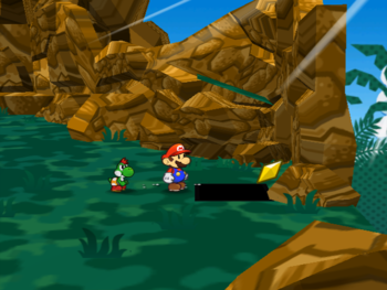 Mario getting the Star Piece under a hidden panel in the shore scene of Keelhaul Key in Paper Mario: The Thousand-Year Door.