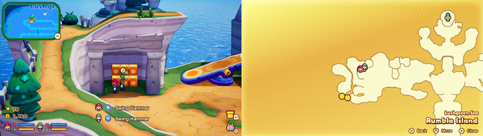 Mario and Luigi near wooden crates containing 3 Coins, a Five Coin and a Super Mushroom on Rumbla Island of Mario & Luigi: Brothership.
