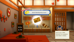 Mario being given the Gold Membership Card by the item shop shopkeeper in Shogun Studios of The Origami King.