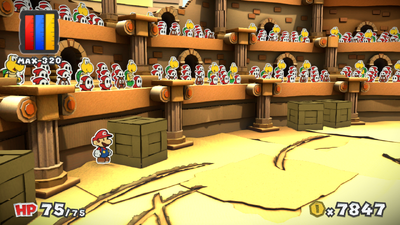 Mario near a crate containing Hammer x2 Battle Card in The Golden Coliseum of Paper Mario: Color Splash.