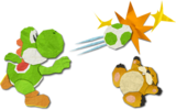 Paper cutout of Yoshi throwing an egg to beat a Monty Mole