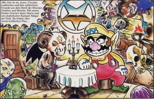 Translation:Narration: "Everyone is there. Jason, Chuckie, Leatherface, and their numerous friends from the land of the mummies, zombies and skeletons. With a big grin, Wario and his diabolic pal Abigor are sitting at the table. They plot a fiendish plan..."