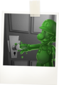 Gooigi failing to push a door handle, as this requires applying more force than he can apply