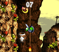 Dixie Kong blasting from an Arrow Barrel in the first Bonus Level of Kong-Fused Cliffs