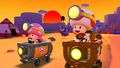 Captain Toad and Toadette (Explorer) racing on the course, with Peach (Explorer) behind an Exploring Shy Guy