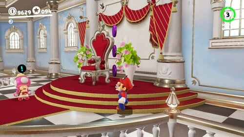 Three regional coins behind the throne in Peach's Castle.