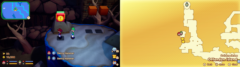 Mario and Luigi under the Coin Competition Block on Offandon Island of Mario & Luigi: Brothership.