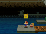Mario next to the Shine Sprite above the sea on the east of Rogueport Sewers