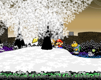 Mario getting the Star Piece in a tree in the last scene of Boggly Woods in Paper Mario: The Thousand-Year Door.