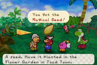 Mario getting a Magical Seed from Kolorado in Yoshi's Village in Paper Mario