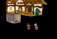 Mario and Kooper out of bounds in Mario's house with a Paper Mario glitch.