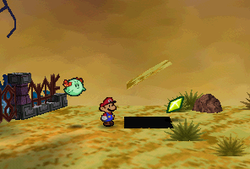 Mario finding a Star Piece under a hidden panel in Gusty Gulch in Paper Mario