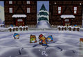 A patrol penguin repels Mario from the thin ice.