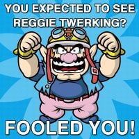 Image macro of Wario used by the official Nintendo of America Twitter account as a bait-and-switch for users interested in seeing Reggie Fils-Aimé twerk. The image uses artwork for Game & Wario.