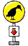 Concept artwork depicting a Stork Stop, embedded with the stork symbol, and under from above is the red arrow symbol indicating the stork will drop by, from  Yoshi's Island DS