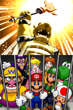 Bowser shows off the Minimizer to Mario and friends in Mario Party DS's Story mode.